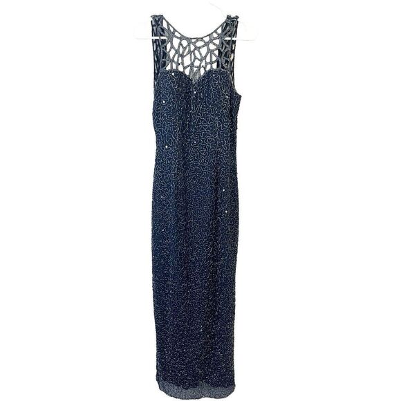Scala Navy Blue Sleeveless Beaded Gown Maxi Long L Silk Women’s Formal Wedding - Picture 2 of 16